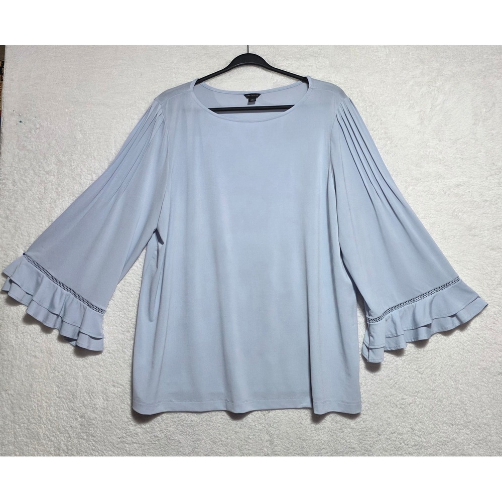 Ann Taylor Light Blue Pleated Bell Sleeve Ruffle Blouse Size XL